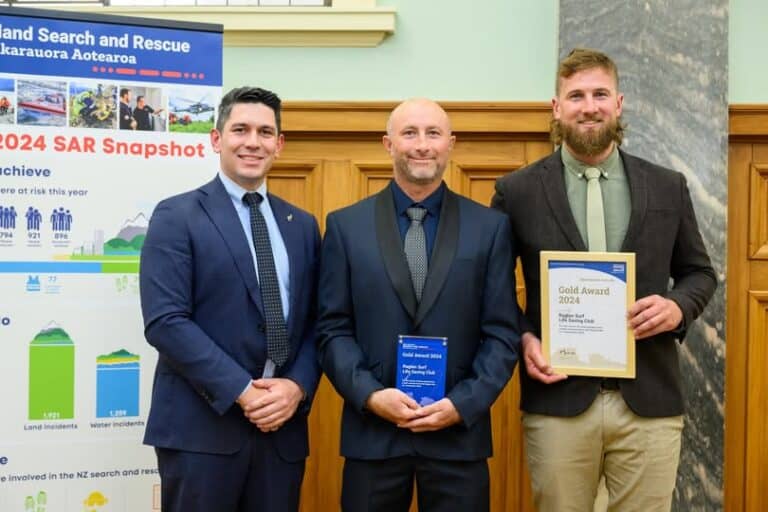 Raglan Surf Lifesaving team receiving Gold Award 2024, recognising their excellence in surf rescue and community safety efforts.