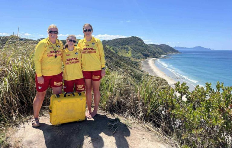 Beach safety team members wearing yellow surf lifeguard uniforms on a coastal cliff with a sandy beach and ocean waves in the background, during a sunny day.